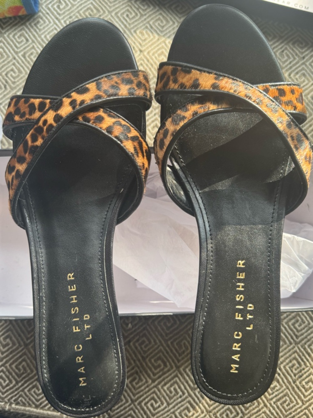 Marc Fisher Leopard-Print Cross Strap Slide Sandals in Black and Brown